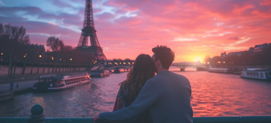 a couple enjoying a romantic sunset by the Eiffel tower
