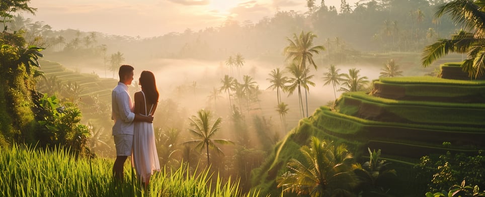 a honeymoon couple enjoying a serene sunrise