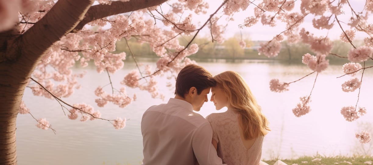A young couple on their honeymoon embracing gently