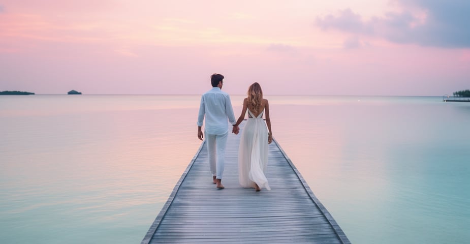 Honeymoon couple in Maldives scenery in soft pastel colors