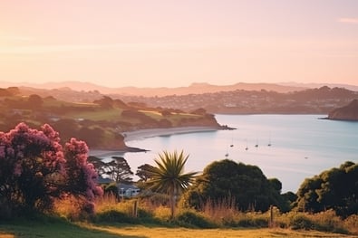 Waiheke Island, New Zealand scenery in soft pastel colors