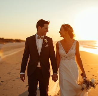 a candid moment of the bride and groom walking