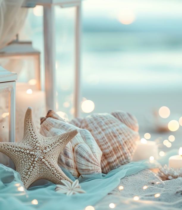 beach wedding scenery in soft pastel colors etherea