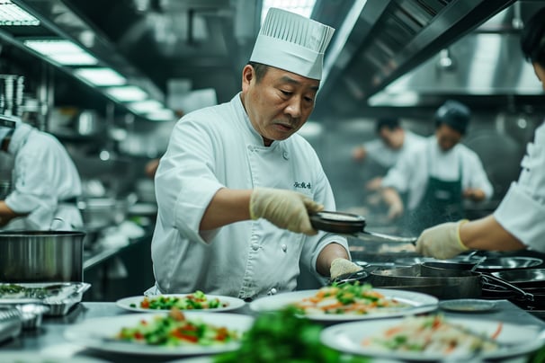 An asian chef preparing authentic Cantonese dishes in the kitchen.