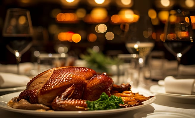 A Peking Duck specialty served elegantly in a fine dining restaurant.