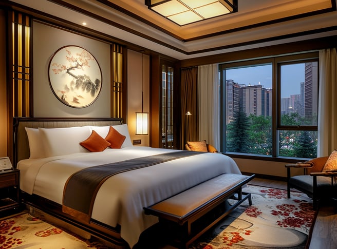 a traditinoal Asian-themed hotel room, well-appointed, Tkyo, Japan.
