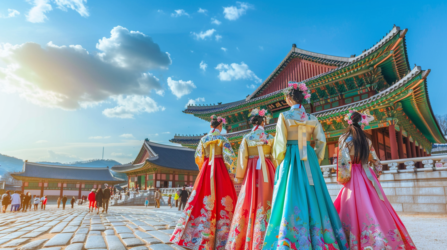 Three women in traditional Korean attire stand gracefully in front of a building, showcasing cultural heritage and elegance.