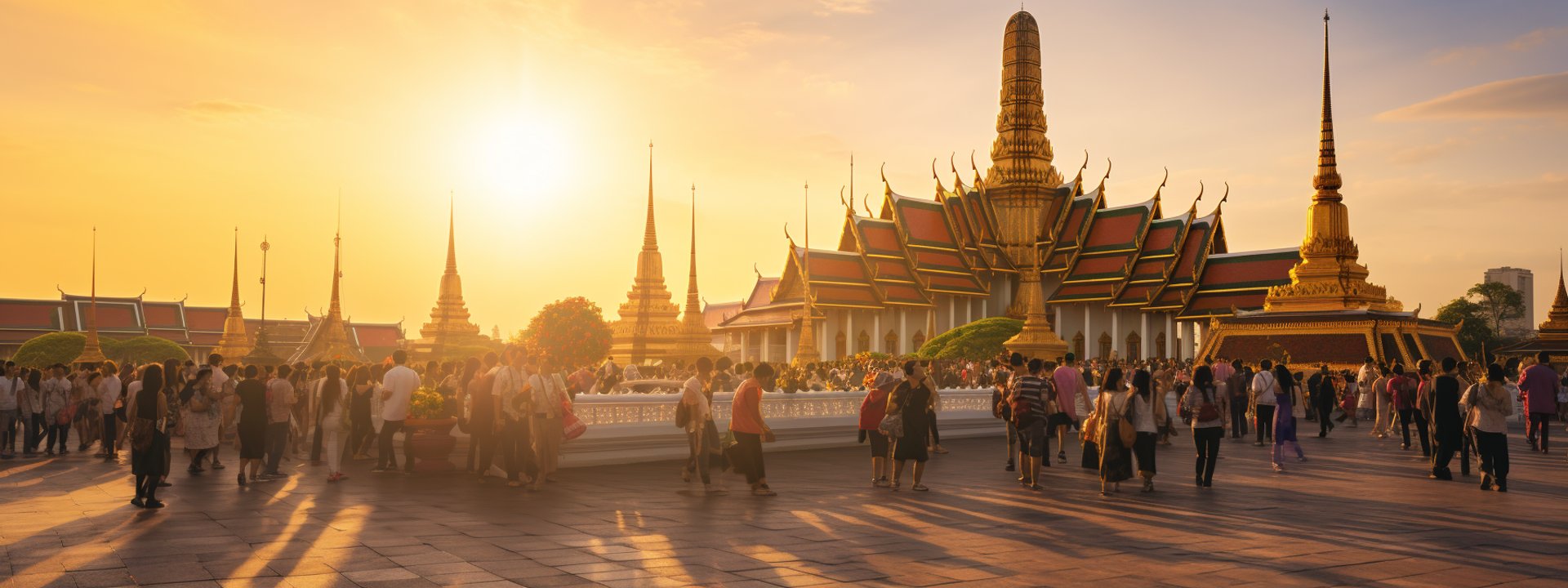 A stunning view of the Grand Palace in Bangkok, Thailand, showcasing its intricate architecture and vibrant colors.