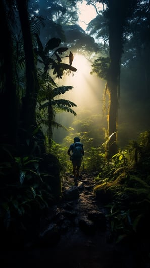 A person walking down a path in the Philippine rainforest A person walking down a path in the Philippine rainforest