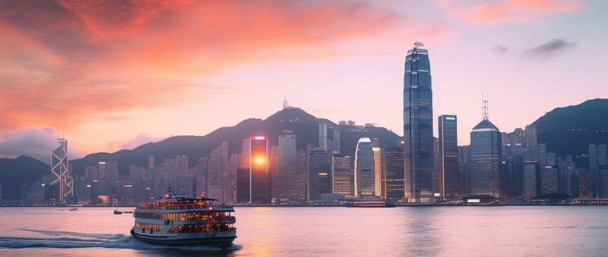 Hong Kong city shores at sunset