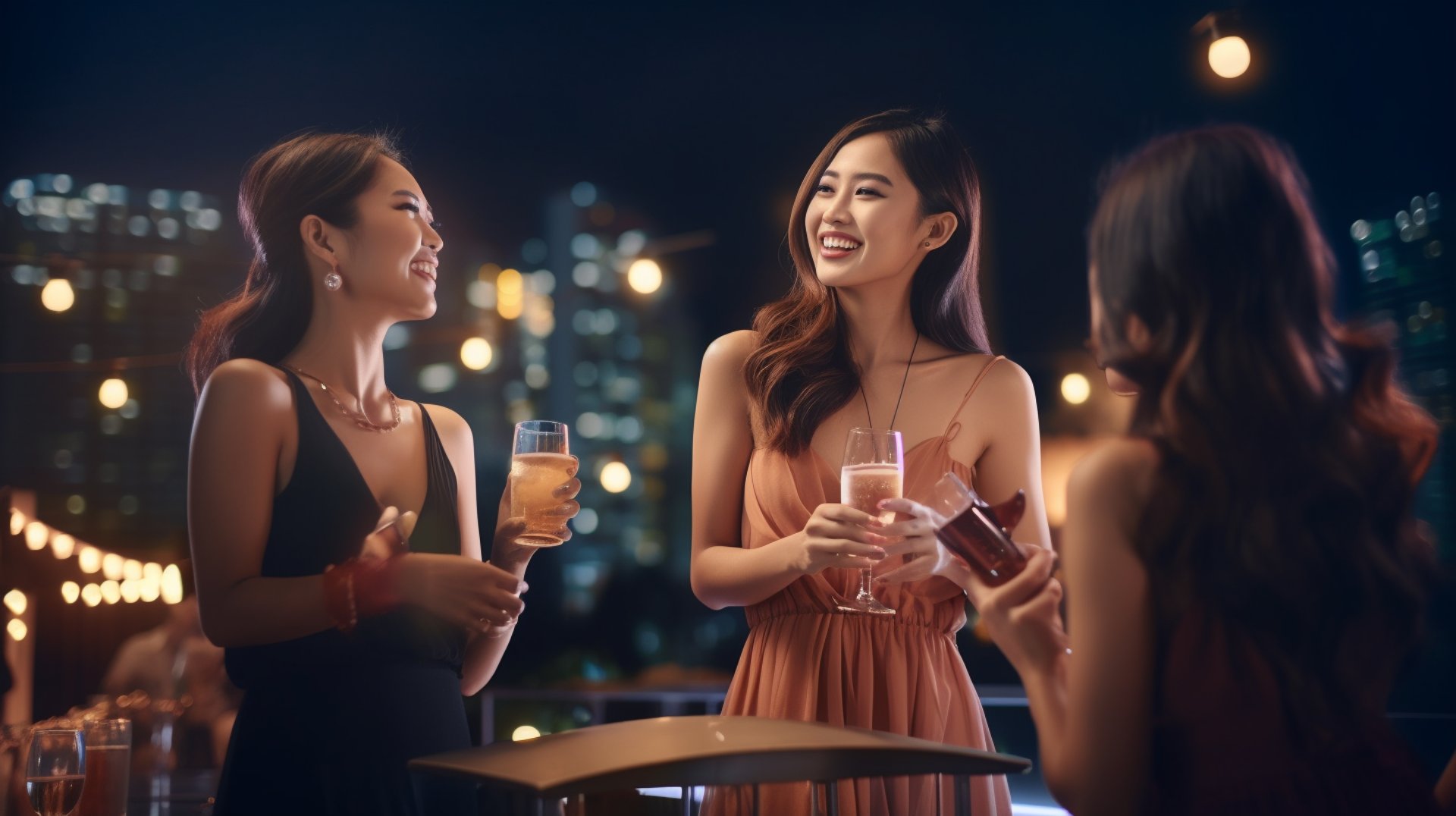 Three women enjoy drinks together, smiling and chatting at a lively party atmosphere.