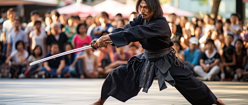 Modern-day Japanese Samurai performing in a town square