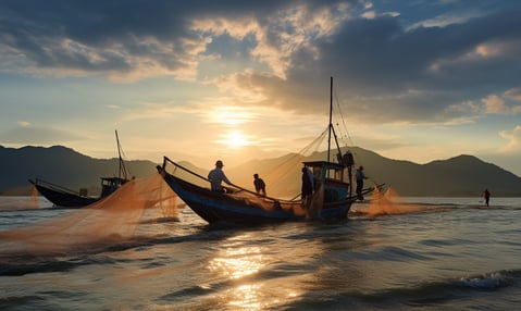 A boat with fishermen with their catch of the day in Phuket, Thailand A boat with fishermen with their catch of the day in Phuket, Thailand