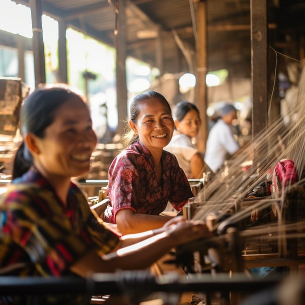 Thai women weaving traditional tapesty.