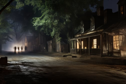 silhouettes of people walking down a street at night