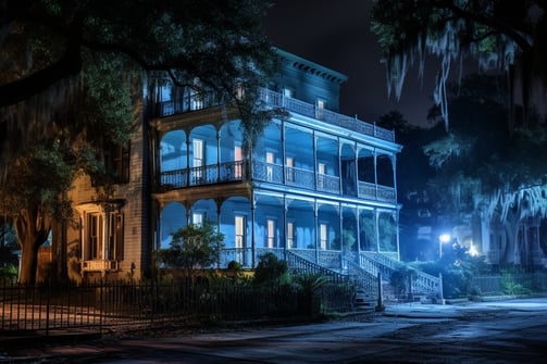 a large house with a lot of windows and a lot of trees