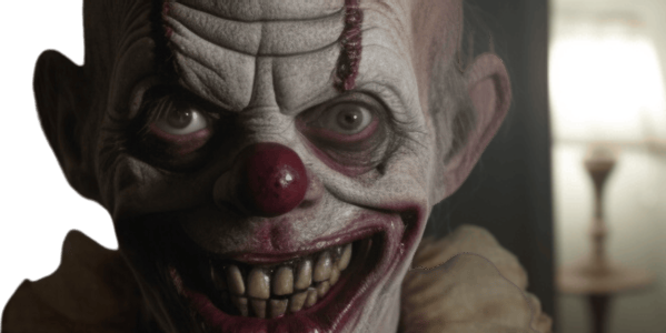 A creepy clown with a bright red nose and unsettling white teeth, evoking a sense of fear and unease A creepy clown with a bright red nose and unsettling white teeth, evoking a sense of fear and unease