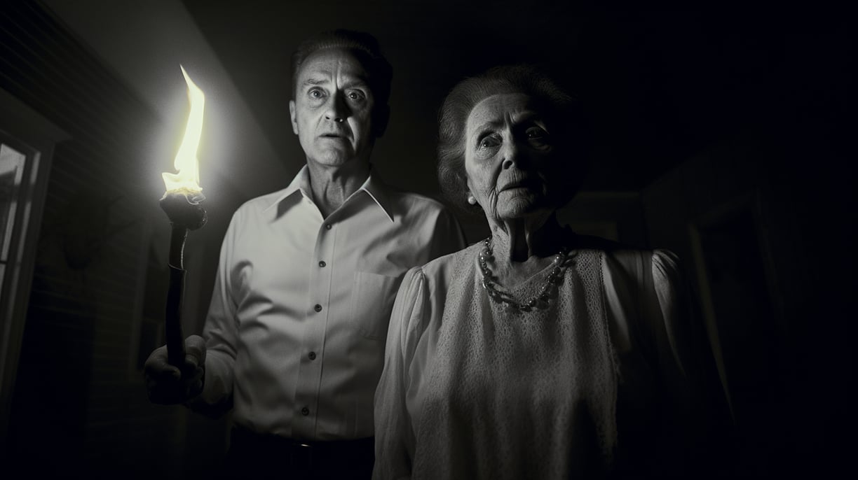 A reimagined photo of Ed and Lorraine Warren inside a haunted home.