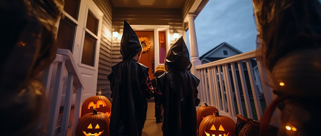 Kids in Halloween costumes for trick or treat Kids in Halloween costumes for trick or treat