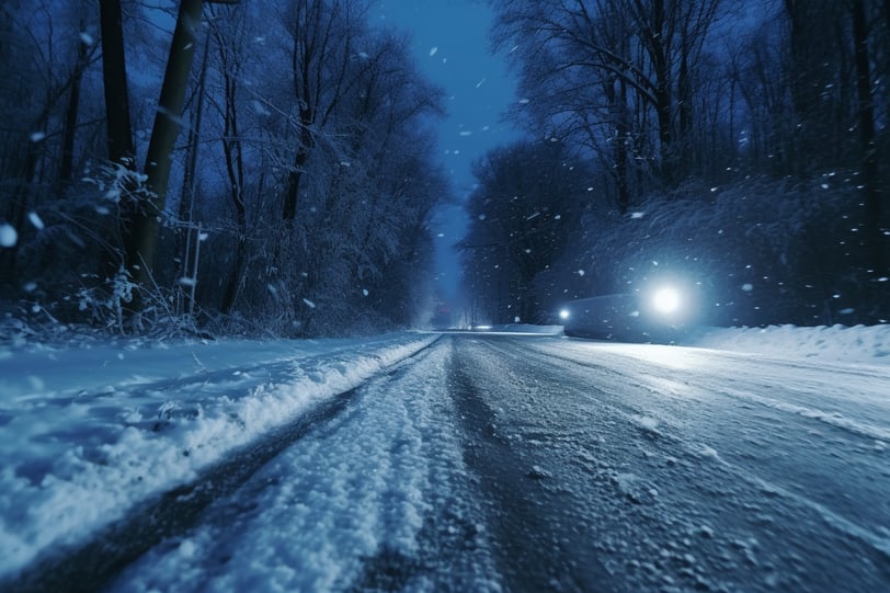 Dashcam image on a snowy night