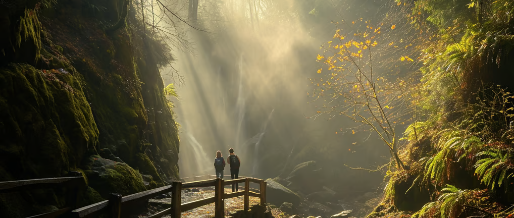 two people standing on a bridge over a stream of water
