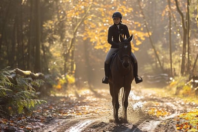 a Canadian equestrian riding a horse on a trail in Maple Ridge during the afternoon..