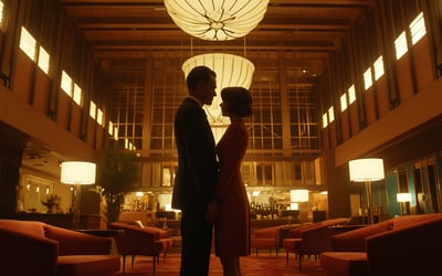 A recreated scene of the film Bird on a Wire set inside a hotel lobby featuring a couple. A recreated scene of the film Bird on a Wire set inside a hotel lobby featuring a couple.
