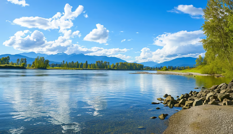 a scenic view of the Fraser River in Maple Ridge, Canada.