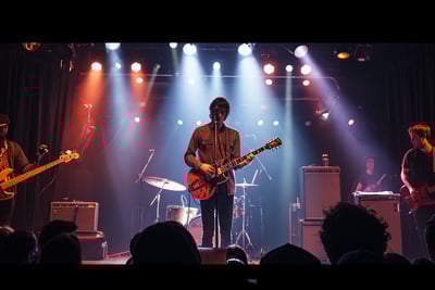 an indie band performing onstage at The Act Art Centre in Maple Ridge, Canada at night.