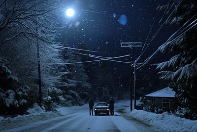 An X Files outdoor scene at night set in Maple Ridge's winter roads in Canada.  An X Files outdoor scene at night set in Maple Ridge's winter roads in Canada.