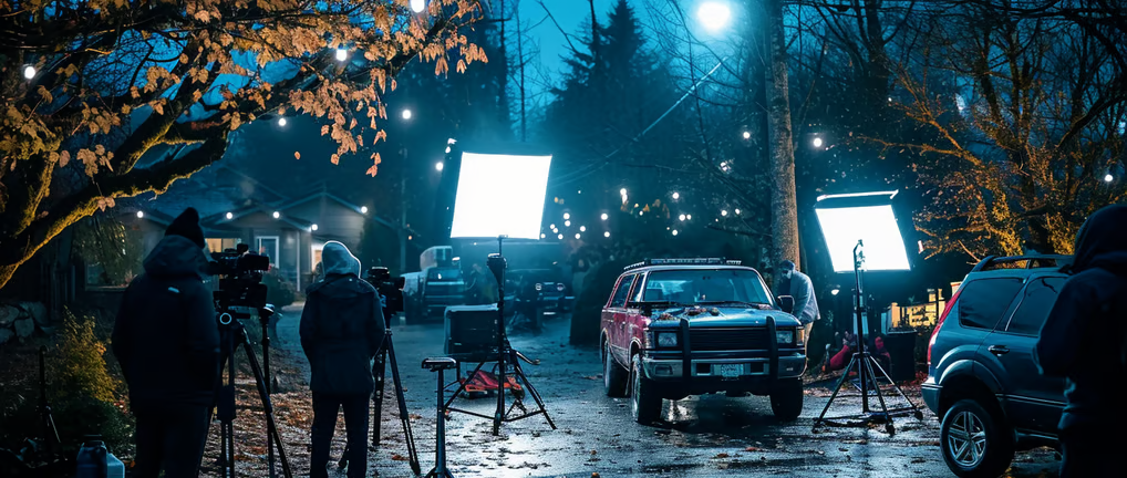 a group of people standing around a car filming.