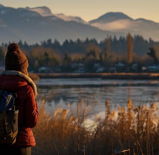 a tourist standing in front of a scenic mountain landscape in Maple Ridge.