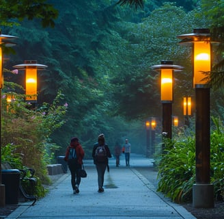 People walking down a path in a Maple Ridge nature park at sunset. 