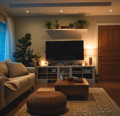 a cozy living room inside a home rental in Maple Ridge, Canada at night.