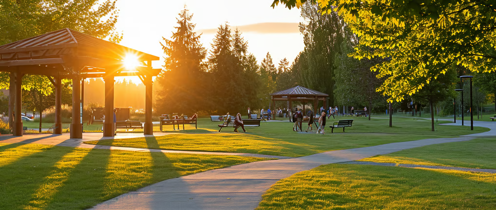 Ridge Park in Canada with people strolling walkways during sunset. Ridge Park in Canada with people strolling walkways during sunset.