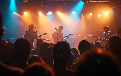 A four-piece indie band onstage at the Act Art Theatre in Maple Ridge, Canada. A four-piece indie band onstage at the Act Art Theatre in Maple Ridge, Canada.