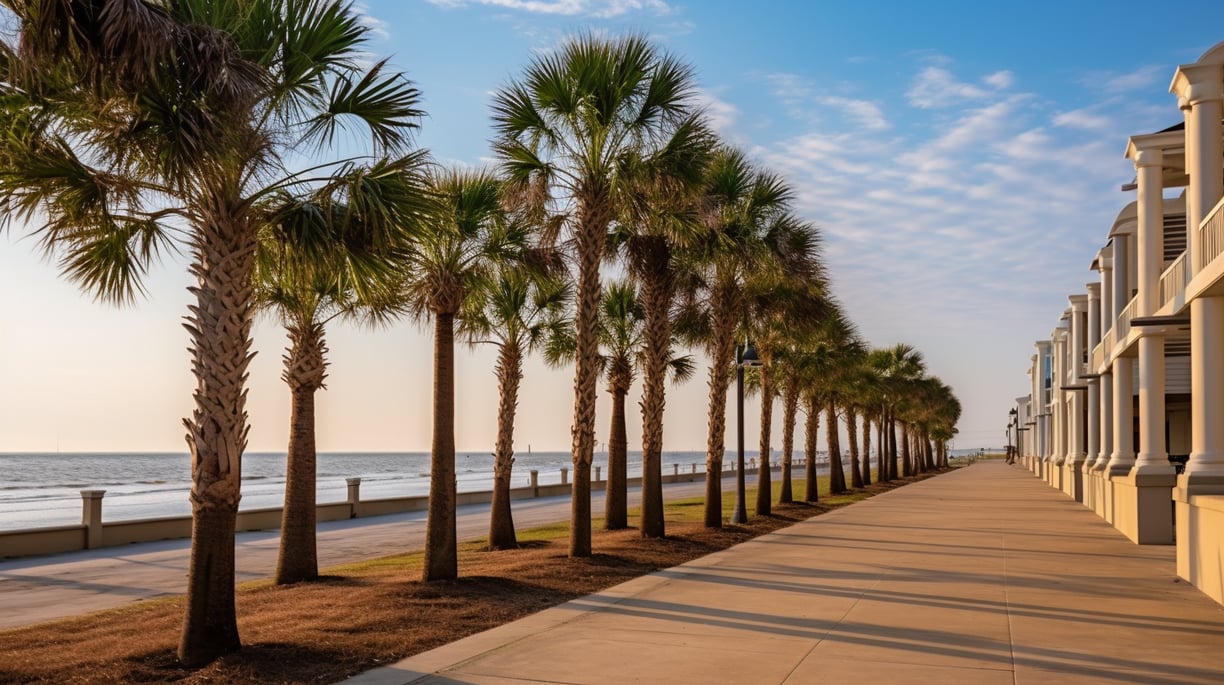 Palm trees gracefully line the sidewalk, leading to a picturesque beach in the background.