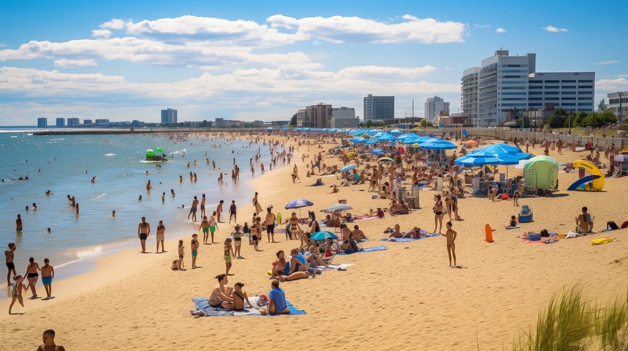 a beach with many people on it