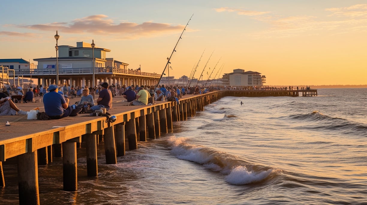 a group of people fishing on a pier