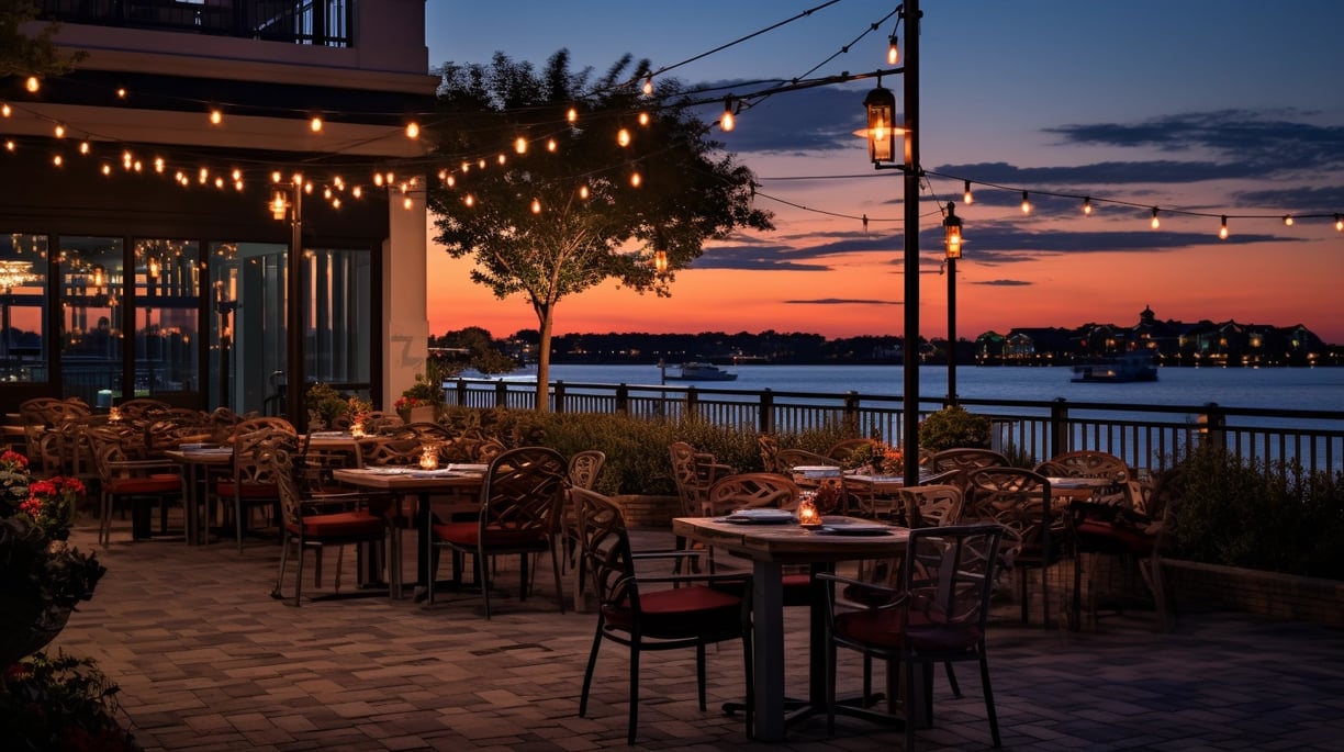 a restaurant with a view of the water
