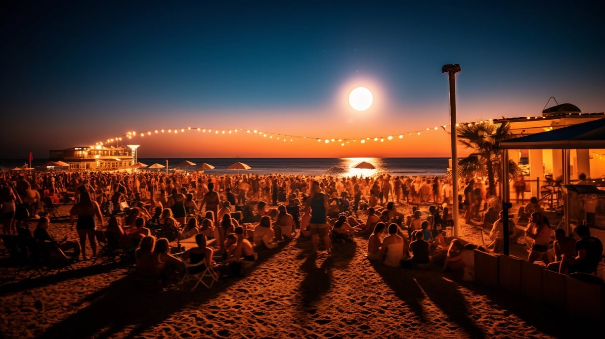 a beach scene with people sitting at tables and a full moon