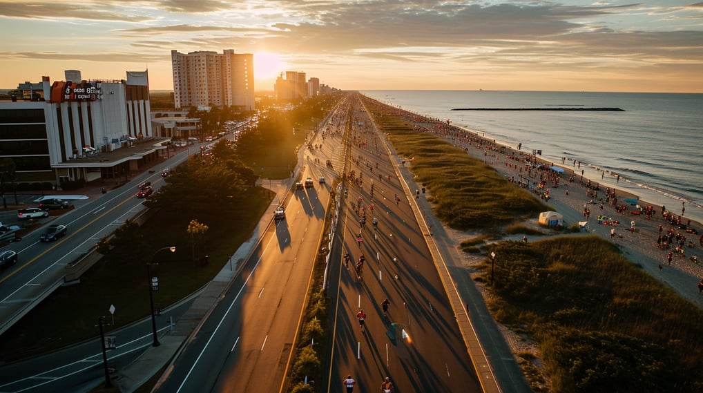 a city street with a long line of cars driving down the road