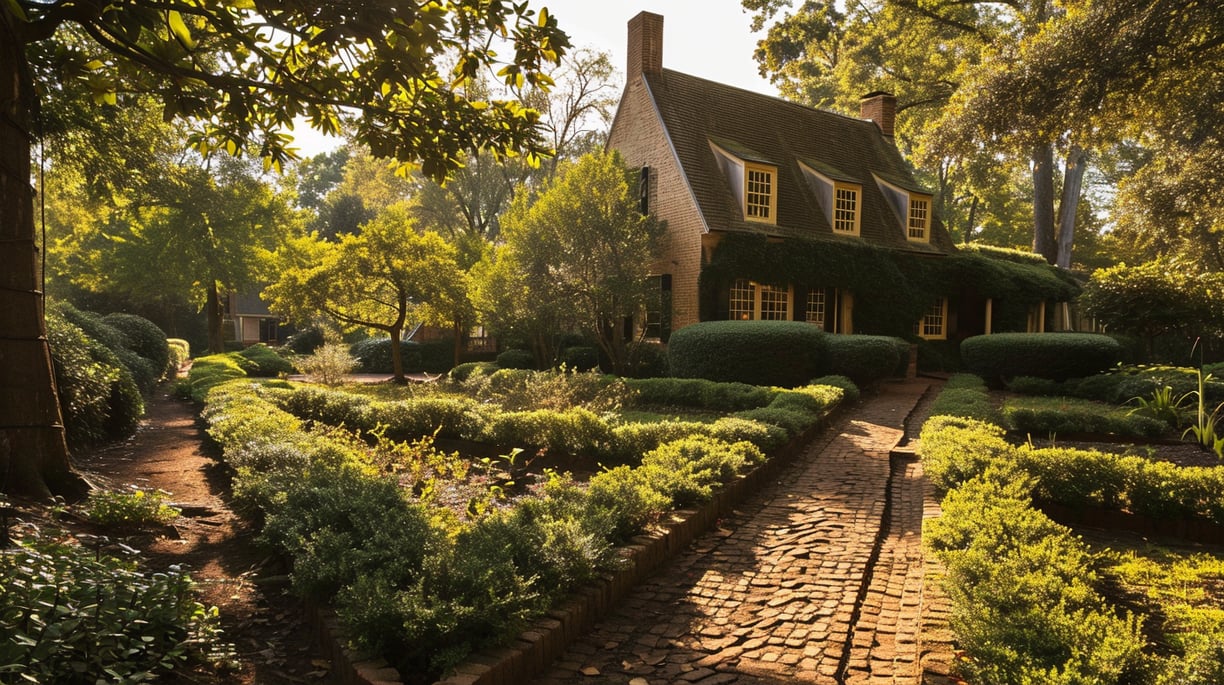 a brick house in the middle of a garden in virginia beach