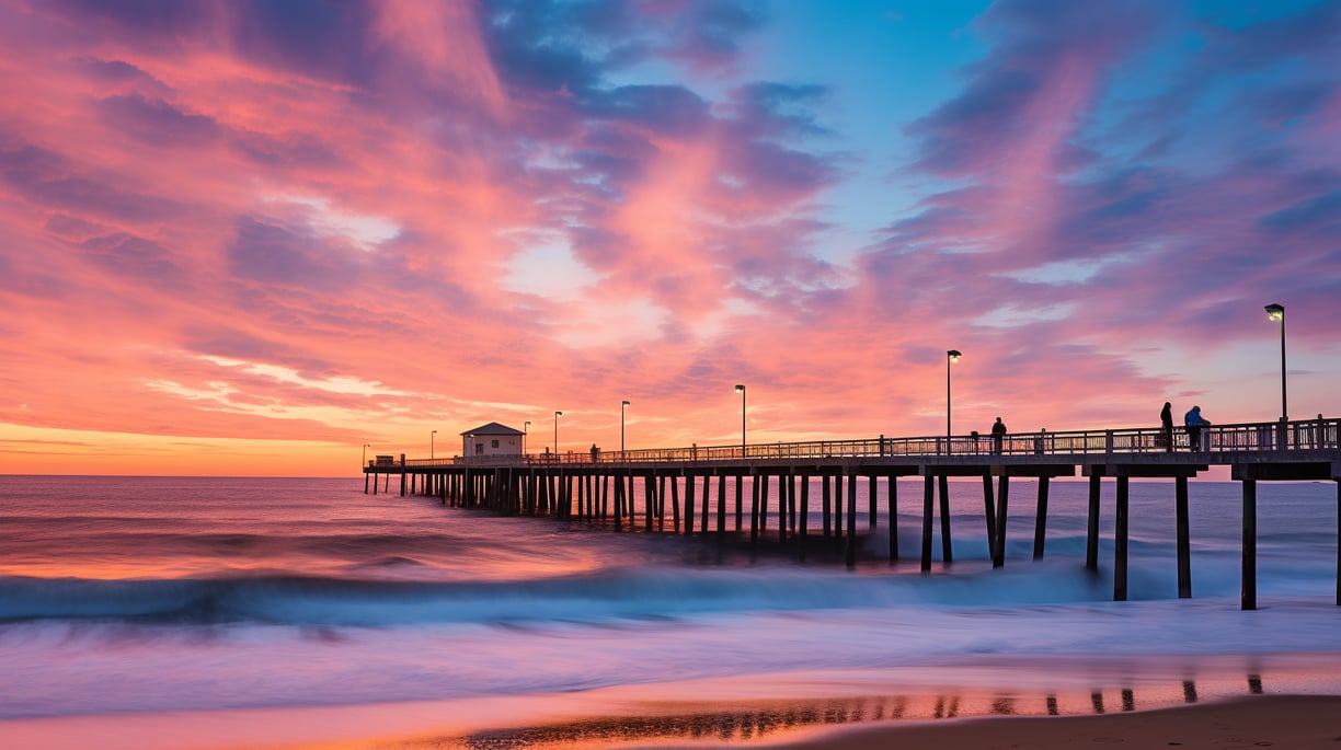 The Sandbridge Pier at sunset under gradient skies