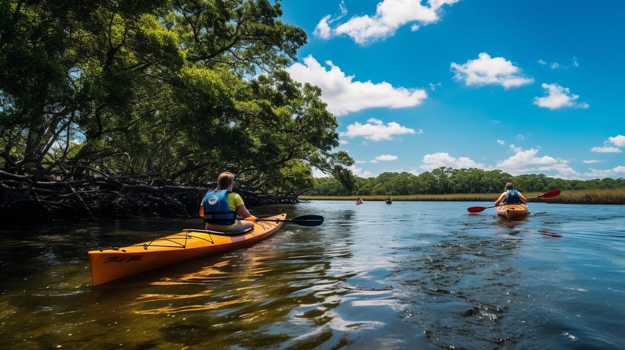 people kayaking along the hidden waterways of Sandbridge Beach