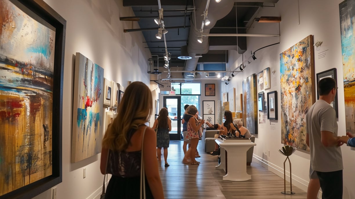 a group of people standing inside an art gallery in vibe district