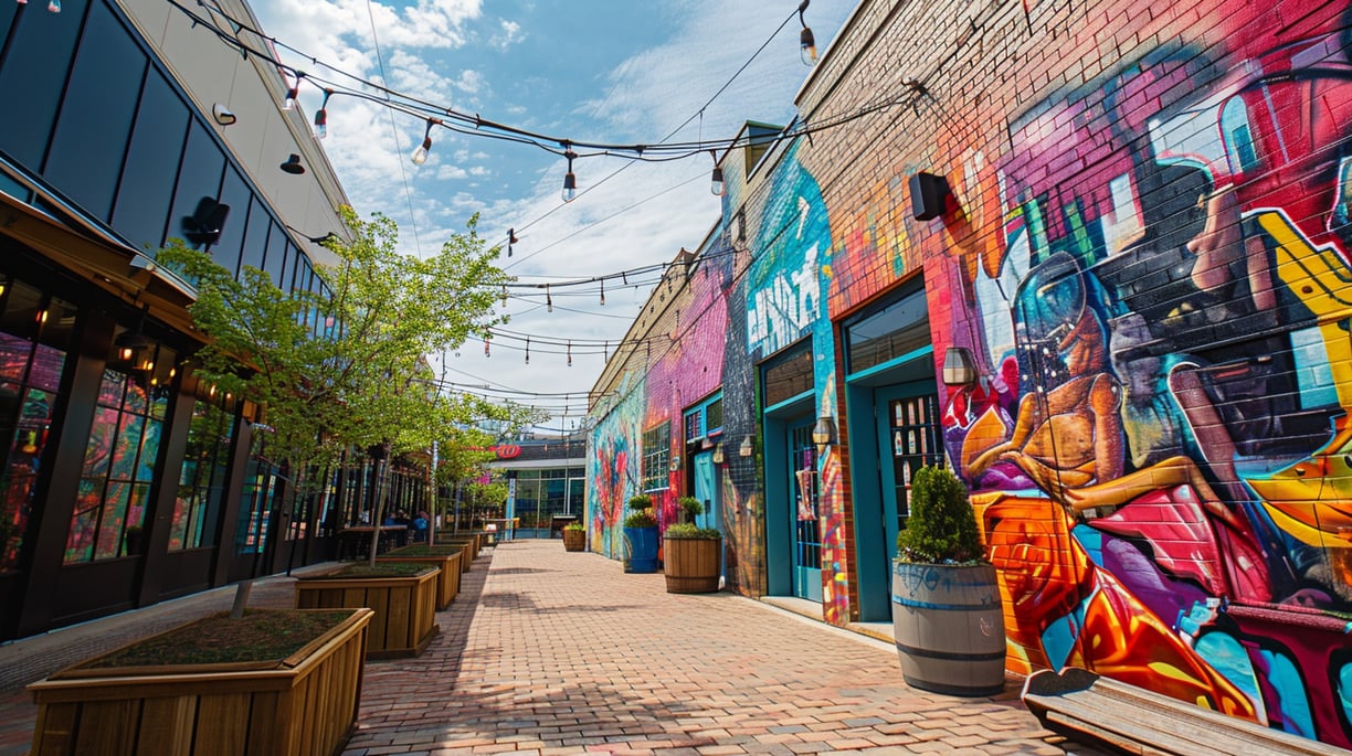 a colorful murals along the street in vibe district