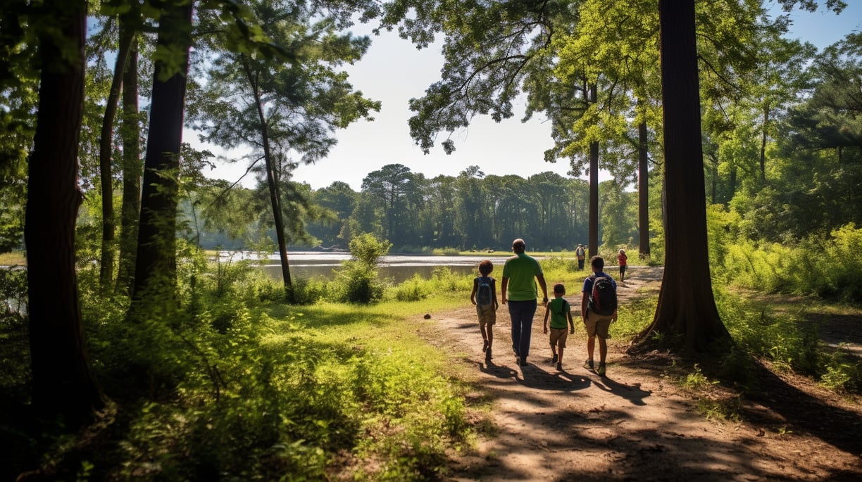A family walking through First Landing State Park in Virginia Beach