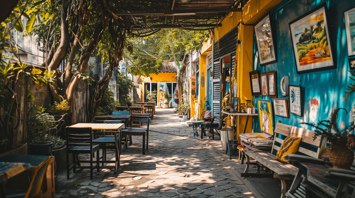 a narrow alleyway with tables and chairs in virginia beach