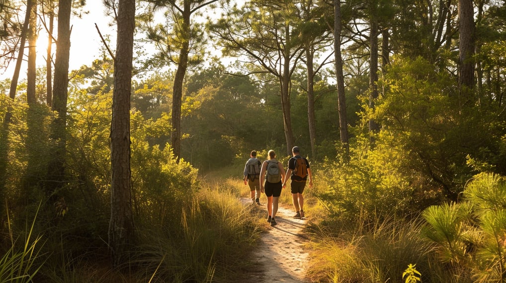 three people walking down a path in the woods near virginia beach